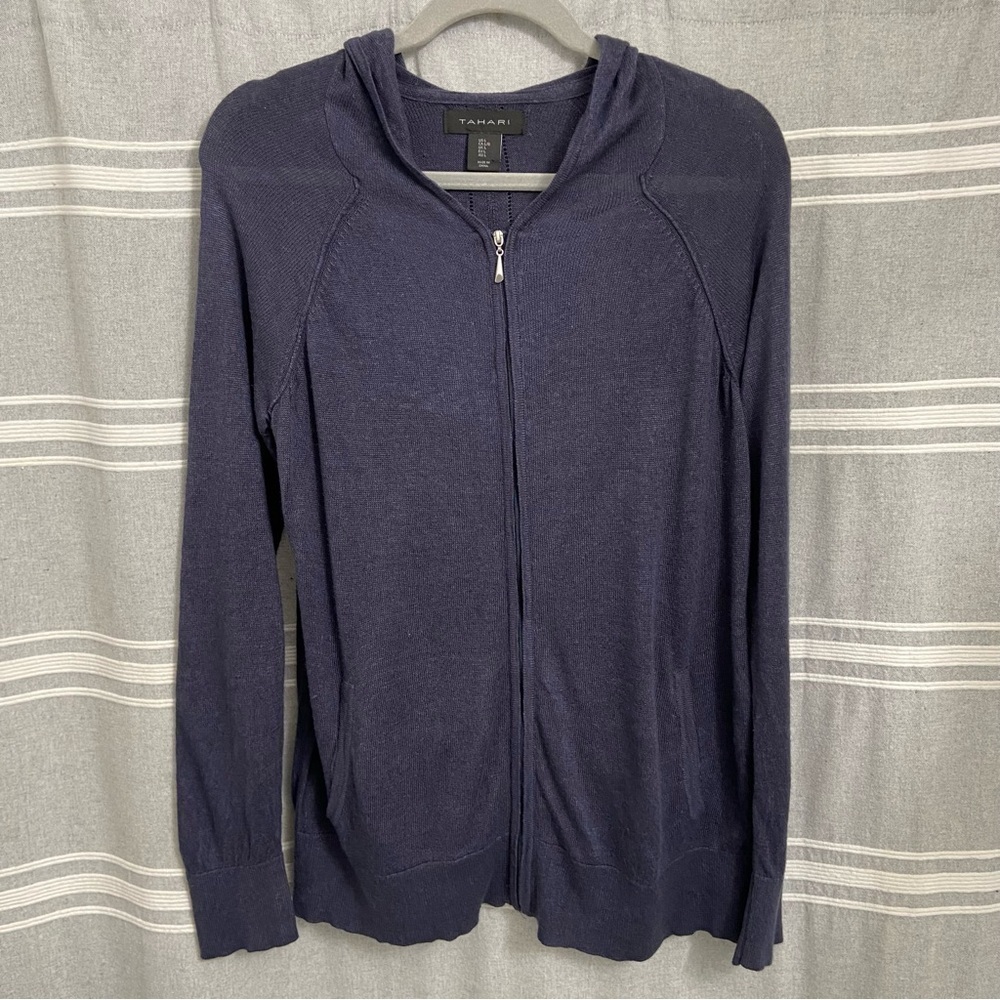 TAHARI / Linen Blend Zip Front Cardigan Jacket Hooded Size L